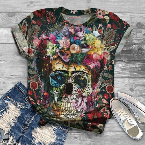

h40 3d skull printed women plus size short sleeve o neck tee harajuku letter poleras, White