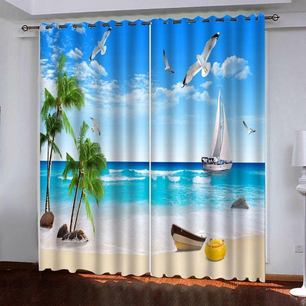 

curtain & drapes customized size luxury blackout 3d window curtains for living room bedroom blue sea sailing coconut tree