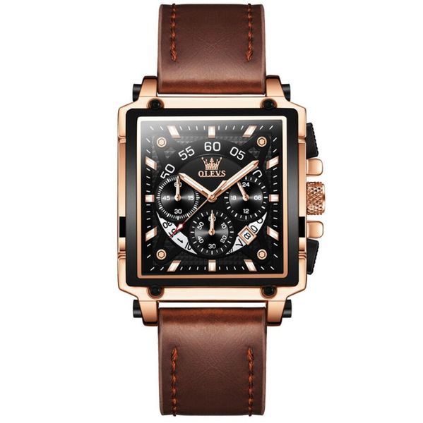 

olevs original watch for men brand luxury hollow square sport watches fashion leather strap waterproof quartz wristwatch, Slivery;brown