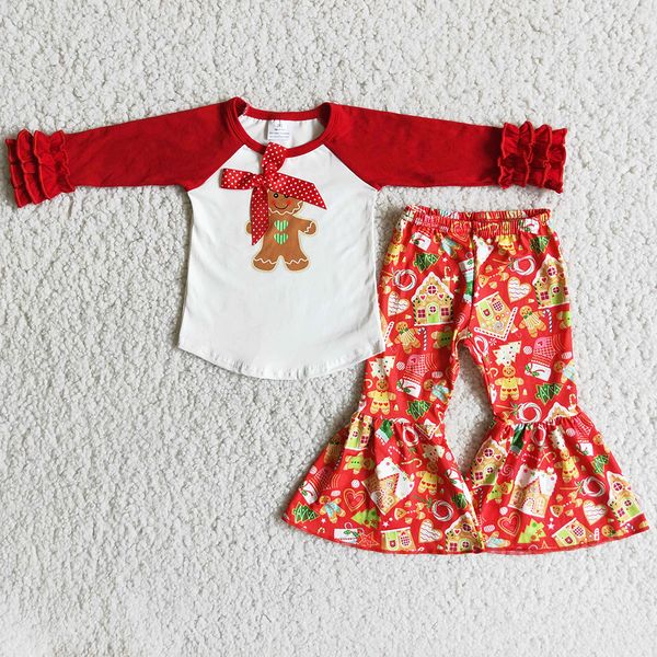 

wholesale kids designer clothes girl set boutique christmas baby girls clothing bell bottom outfits fashion gingerbread print toddler childr, White