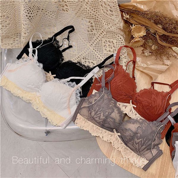 

bra set products counter no steel ring underwear women's gathering up adjustable splicing lace suit, Red;black