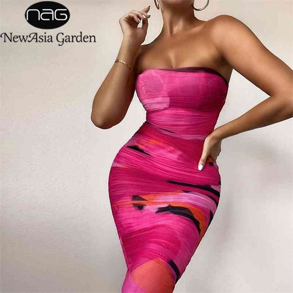 

newasia mesh midi dress women strapless slim fit bodycon ruched party dresses summer chic geometric print dress new 210409, Black;gray