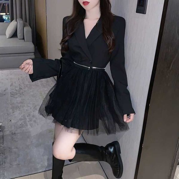 

blazer dres casual black mesh office female spring business long sleeve double breasted mini korean 210604, Black;gray