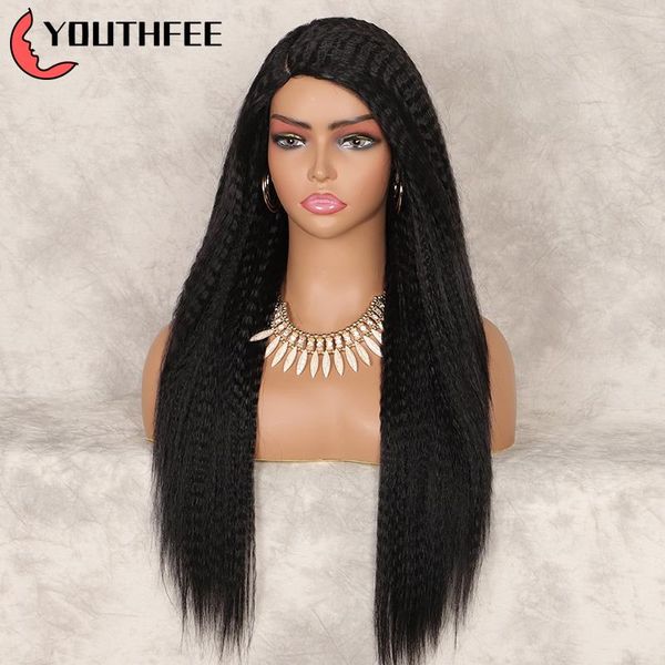 

synthetic wigs youthfee yaki straight lace part 28" black long wig for women side none front