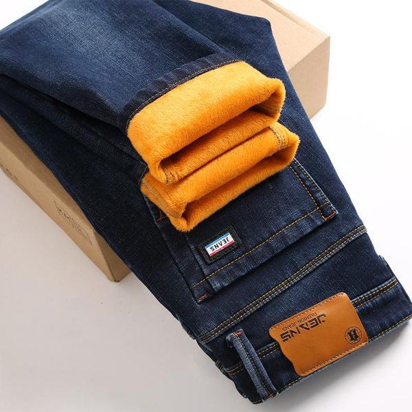 

men's jeans 2021 winter brand fleece thick warm slim pencil pants classic badge trend fitted stretch high quality, Blue