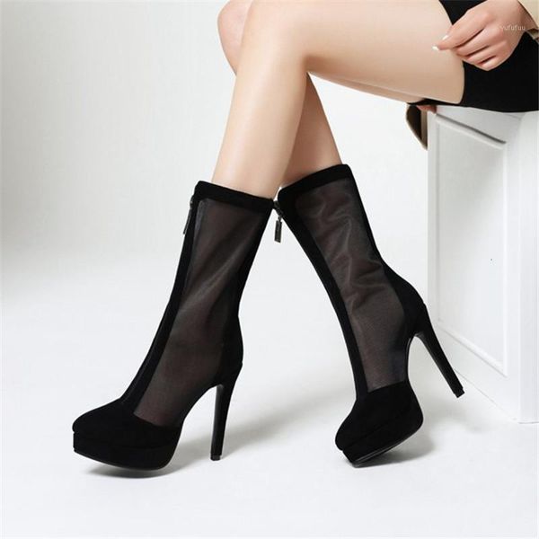 

boots pxelena rome gladiator pumps women faux suede+mesh summer mid calf stiletto high heels party shoes ladies front zipper1 u716, Black