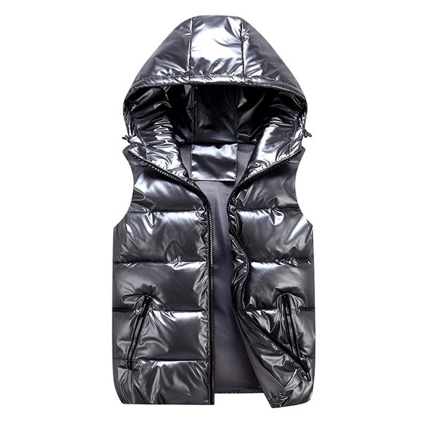 Herren ärmellose Jacke Mode glänzende Weste Winter warme Kapuze Taschen Baumwolle gepolstert Ehemann rot schwarz Herbst Daunenweste männlich 211108