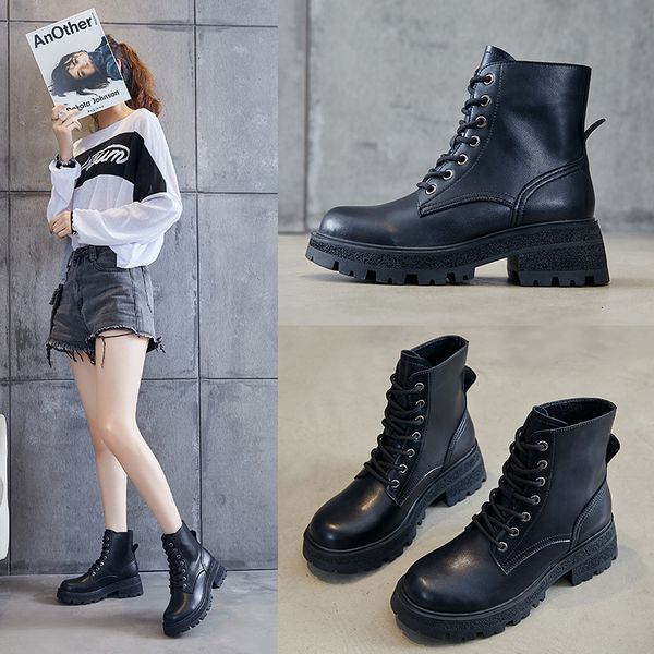 

cowhide martin women's autumn 2021 thick soled raised short single fashion british lace up leather boots, Black