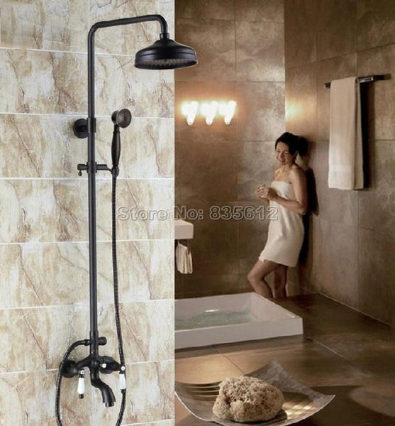 

black oil rubbed bronze wall mounted bathroom rain shower faucet set with 8 inch heads + bathtub mixer taps whg044 sets