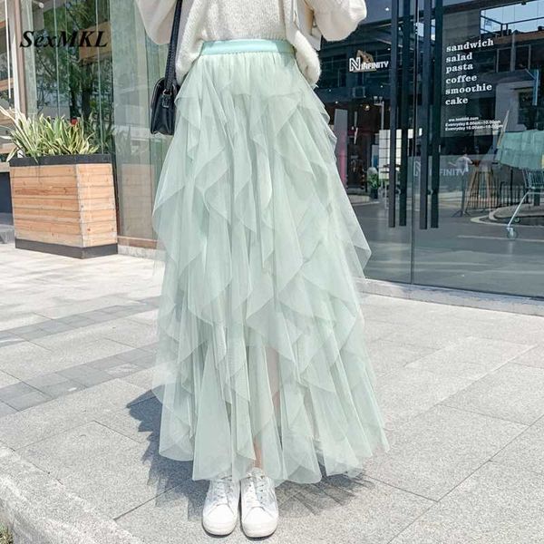 

fashion tutu tulle skirt women long maxi skirt spring summer korean clothes black pink high waist pleated skirt female 210528