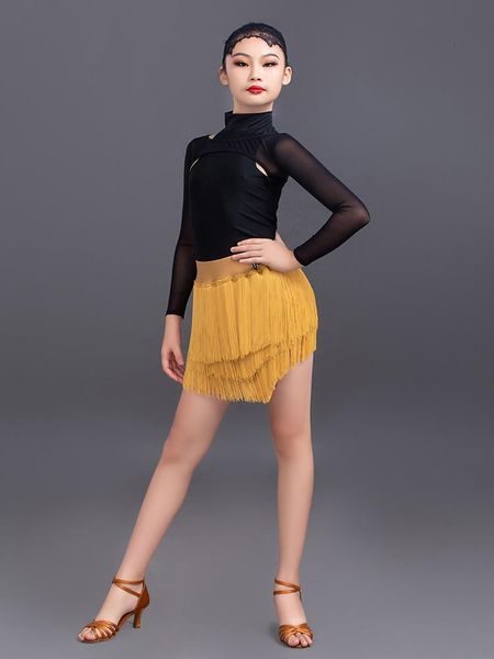 

Stage Wear Latin Dance Dress Girls' Performance Clothes Long-Sleeved Split Tassel Skirt Tango Rumba Cha Samba DN6561 HH3J, Black;red