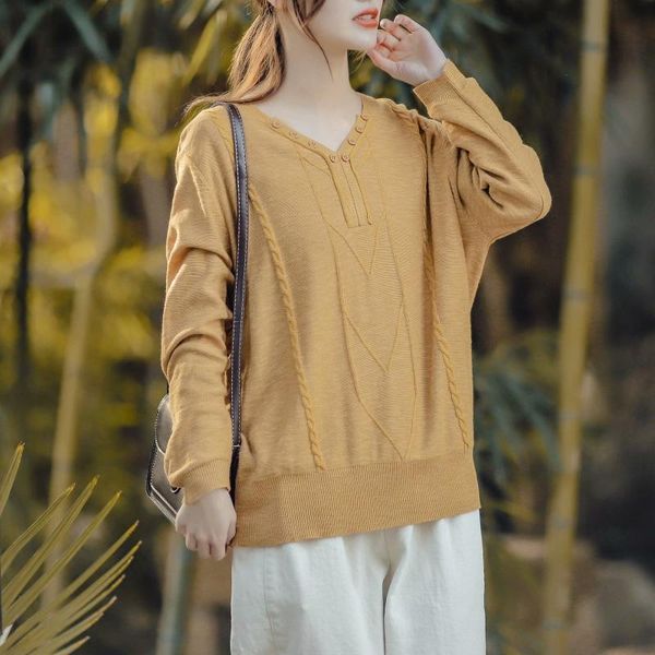 

women's t-shirt 2021 spring tshirts women casual solid color loose buttons v-neck collar twist female knit wild pullovers, White