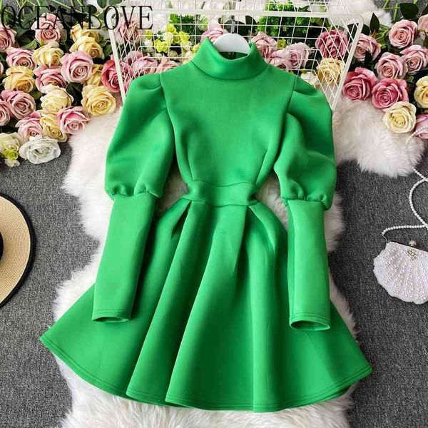 

evening party solid turtleneck autumn winter dress for women puff sleeve high waist mini dresses 19000 210415, Black;gray