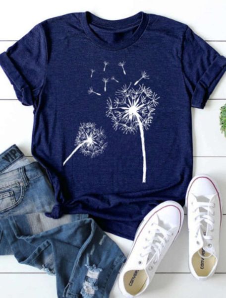 

casual dresses summer women's dandelion print round neck short sve t-shirt, Black;gray