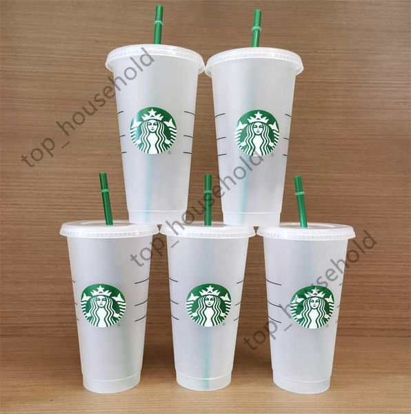 

starbucks 24oz/710ml plastic tumbler reusable clear drinking flat bottom cup pillar shape lid straw mugqlxs