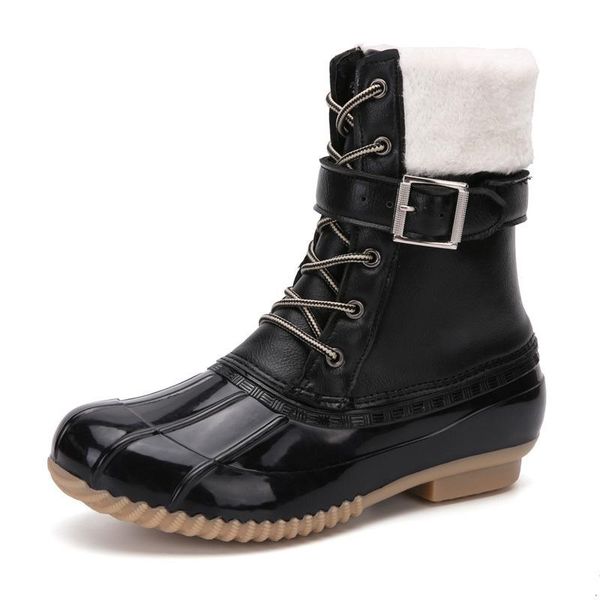 

boots women lady duck boot 2021 high-cut plus velvet waterproof strap non-slip rubber flat with fur winter shoes, Black