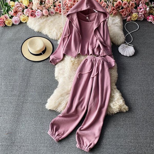 

women's two piece pants 2021 3 set women suit long-sleeve short jacket cardigans sling + casual sweatpants solid hoodies tracksuits, White