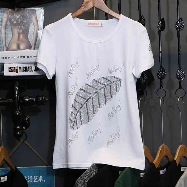 

t-shirt women summer diamonds short sleeve pullovers loose plus size casual elasticity bottoming shirt 210406, White