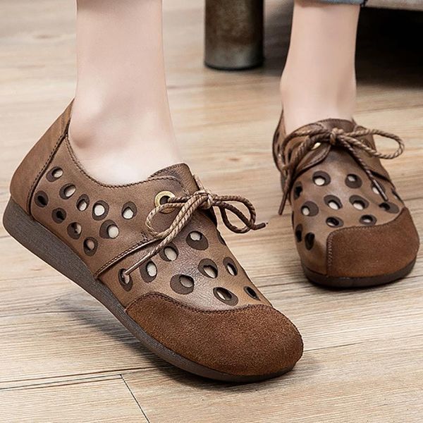 

sandals genuine cow leather summer for women 2021 lady retro hollow breathable loafers lace up soft bottom flat hole lazy shoes, Black