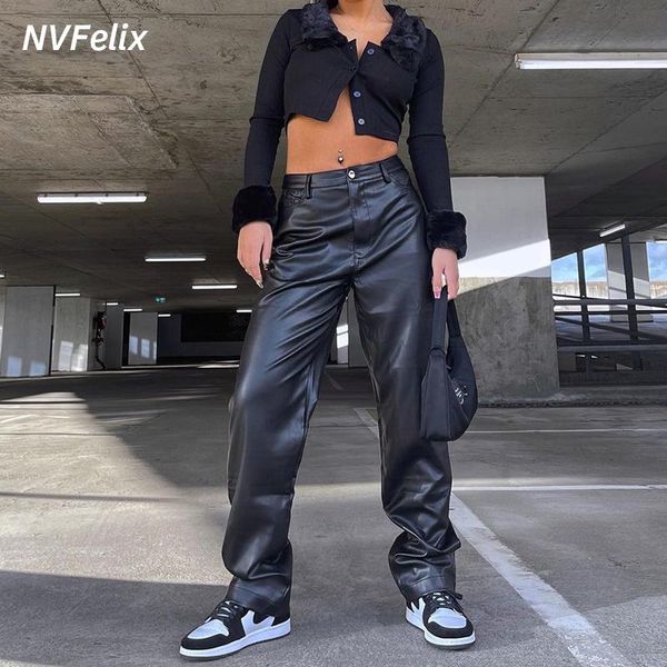 

women's pants & capris pu leather high waist plain trousers women straight leg loose mom autumn black wide fashion casual baggy, Black;white