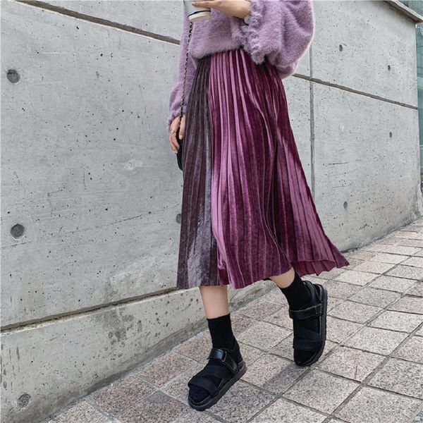 

trend autumn korea velvet stitching pleated skirts joker elegant slim long a-line pleated skirt mid-calf patchwork skirt woman 210514, Black