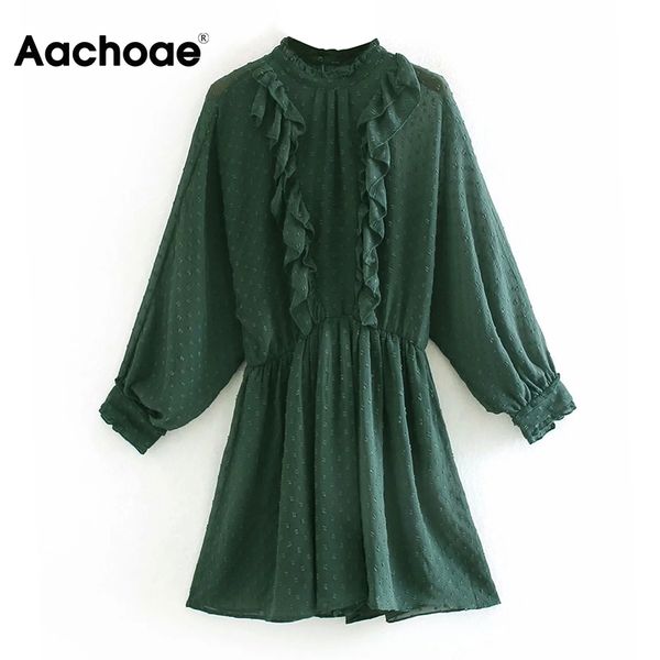 

women dot embroidery green mini dress female lace mesh ruffles a line party dress batwing long sleeve vintage dresses, Black;white