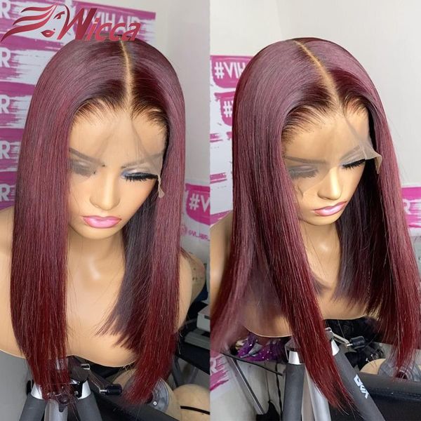 

lace wigs short bob burgundy front human hair 180 density pre plucked remy straight brazilian frontal for women, Black;brown