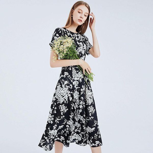 

casual dresses 100% silk dress women style floral printed o neck short sleeve mid vintage sashes elegant fashion, Black;gray