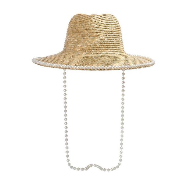 

wide brim hats spring and summer pearl chain decoration straw jazz hat ladies fashion outdoor beach sunshade sunscreen, Blue;gray