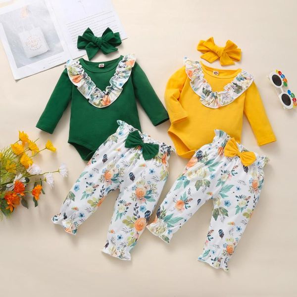 

clothing sets auutumn 3pcs baby girls outfits trousers suit infant fresh stitching long sleeve rompers pants headband, White