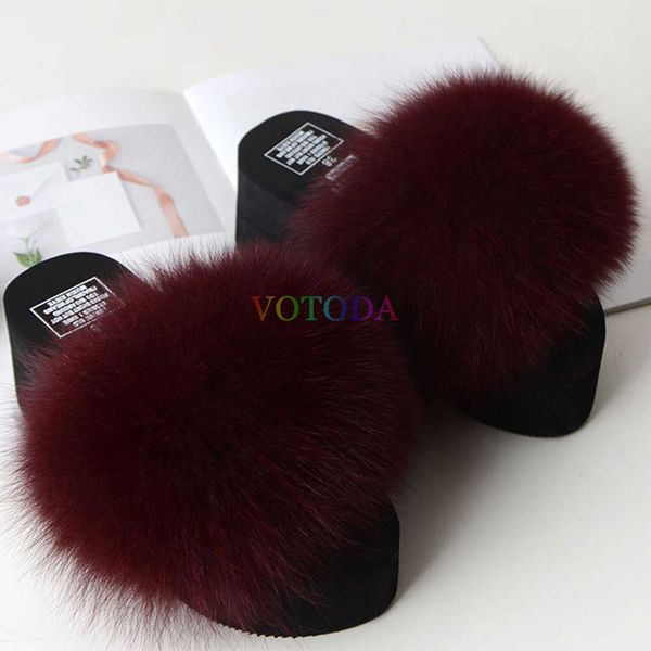 

summer wedge slippers women flip flops furry real fox fur slides platform shoes female home slippers fashion casual ladies shoes h0827, Black