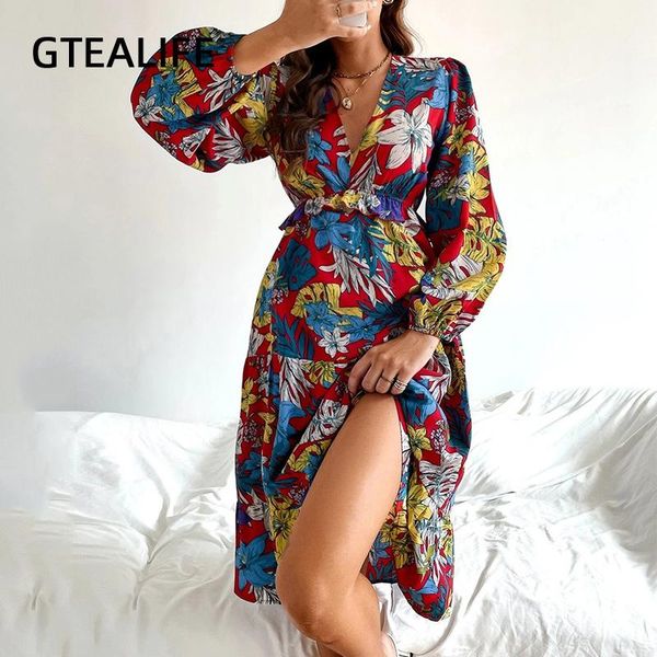 

casual dresses gtealife autumn winter tropical floral print ruffles side split v neck elegant dress women beachwear boho midi bohemian, Black;gray