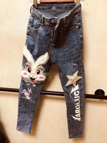 

women's spring fashion ultra long women trousers beading hole cartoon embroidery students jeans full length female pencil pants1 ce2c, Blue