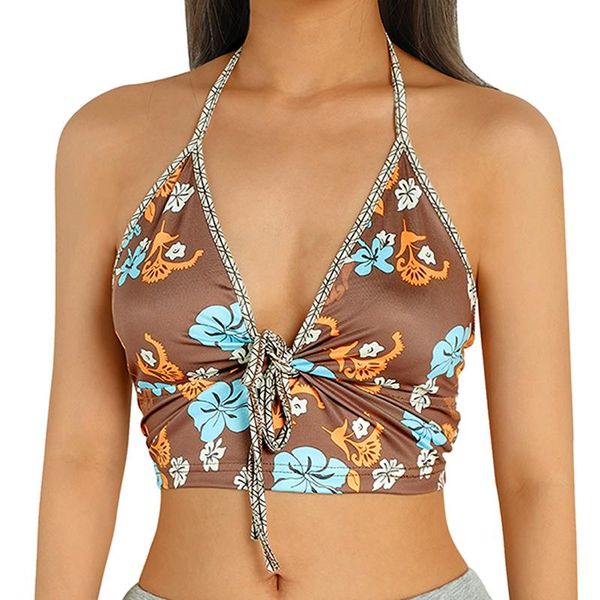 

women's tanks & camis women deep v-neck vest summer female brown floral printed pattern sleeveless crop s  l, White