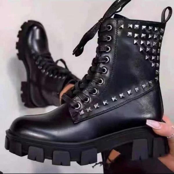 

boots pamanni fashion female women shoes ankle punks style plus size rivet lace-up trendy ladies motorcycle boot platform, Black