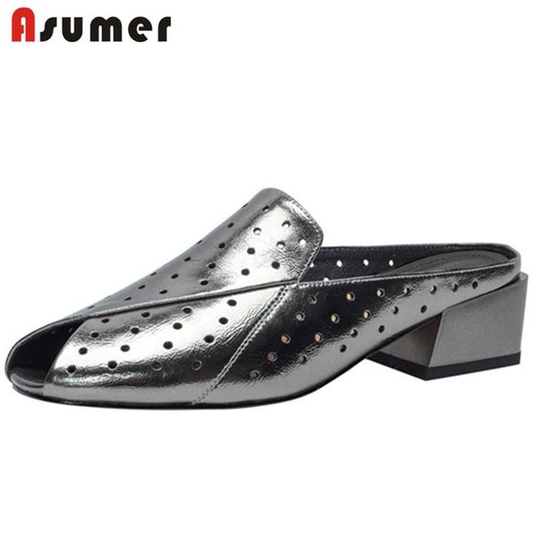 

slippers asumer 2021 arrive genuine leather shoes women slipper peep toe hollow out low heel casual summer, Black