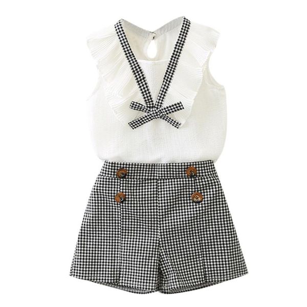 

clothing sets girls sleeveless buttons toddler kids baby outfits clothes bowknot vest +plaid shorts pants set ropa para niÃ±as, White
