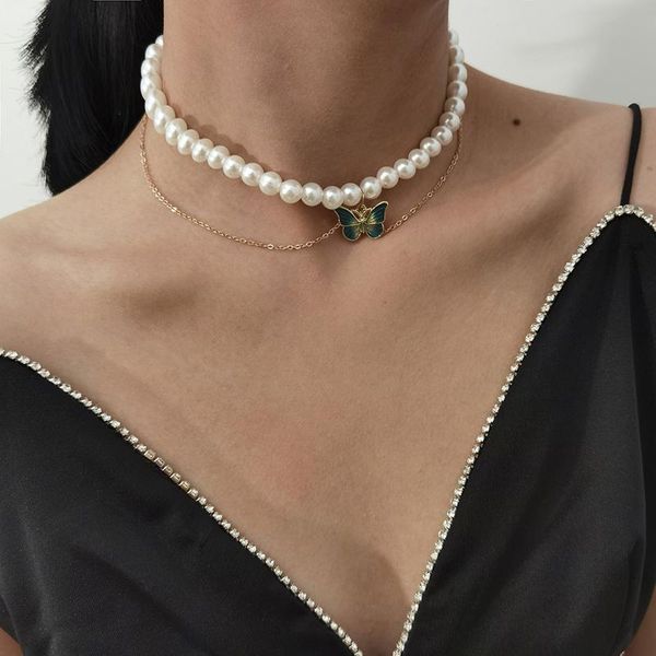 

chokers fashion butterfly pendant pearl choker necklace for women girls elegant neck chain aesthetic multi-layer clavicle collar, Golden;silver