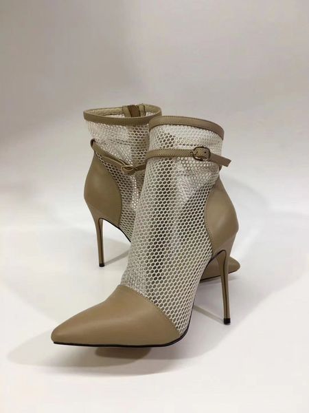 Абрикос Хаки заостренные сетки лодыжки ботинки летние женские шпильки сандалии мода мода кожаный материал уникальный дизайн сандалии на молнии летние сапоги