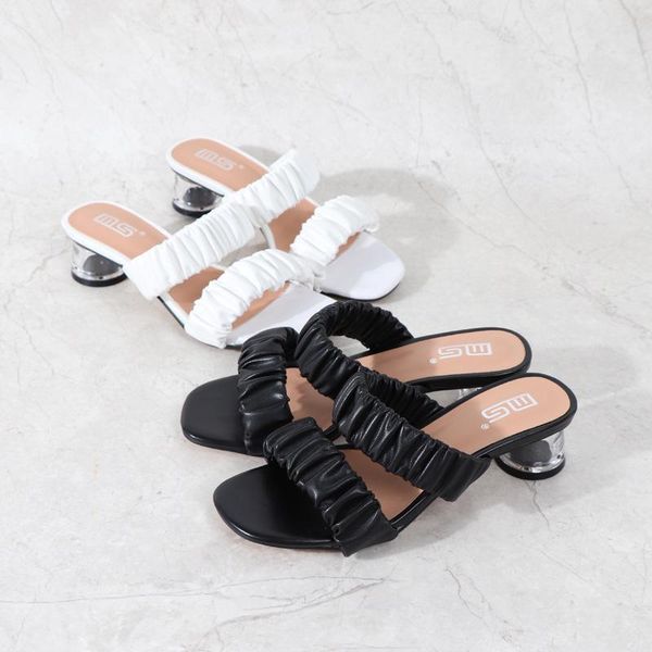 

slippers 2021 summer women sandals female pleated square toe black white transparent round high heel flip flops