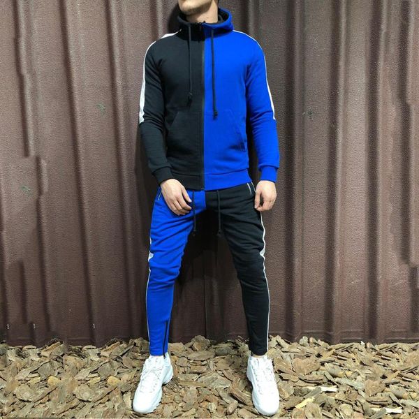 

gym clothing casual men's hooded suit running sportswear 2 piece set zipper hoodie + sweatpants jogging male tracksuit, White;black