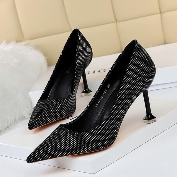 

dress shoes luxury high heels women glitter bling pumps fashion slip on pointed toe slides shallow zapatos mujer black