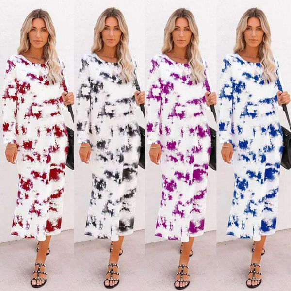 

tie dye printed midi dress vintage autumn women's fashion long sleeve straight party dresses elegant female vestidos wdc5173 casual, Black;gray