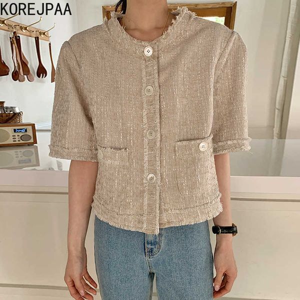

korejpaa women jackets summer korean chic ladies gentle v-neck trim contrast single-breasted hollow puff sleeve knit coat 210526, Black;brown
