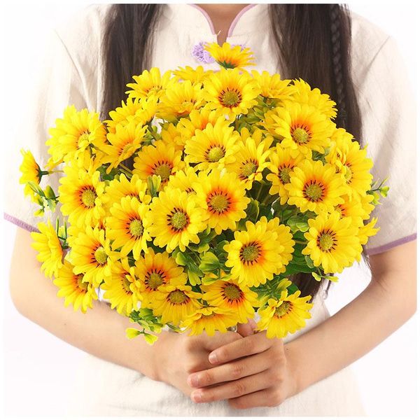 

heads yellow sunflower silk artificial flowers bouquet for wedding party decoration home garden decorative fake flower & wreaths