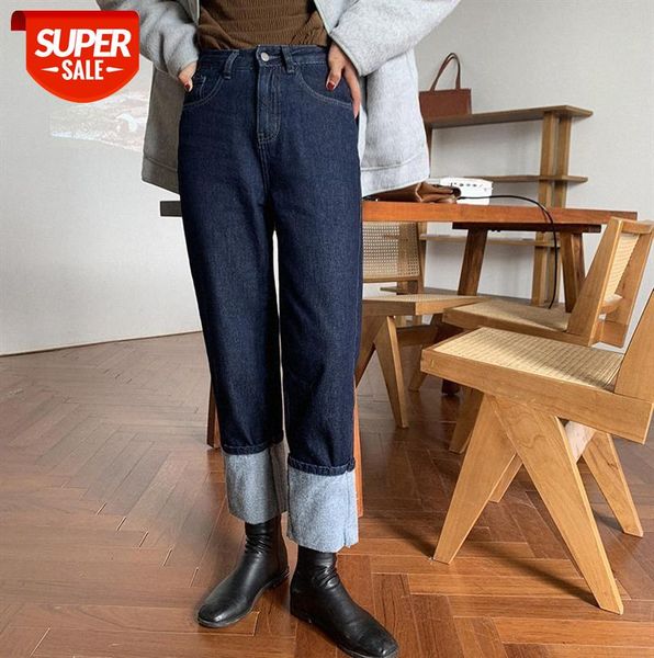 

[huang zheng] personalized fleece all-match jeans korean style loose warm straight pants k2171 #c48d, Black;gray