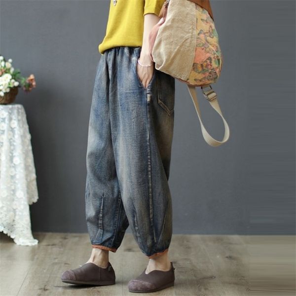 

arrival spring autumn arts style women vintage jeans elastic waist loose cotton denim harem pants casual ladies s537 210512, Blue