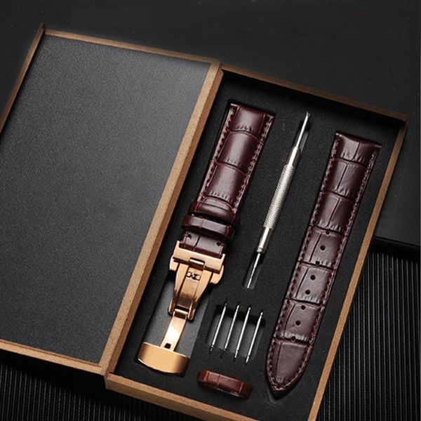 

watch bands genuine leather strap band butterfly clasp watchband 12mm 14mm 16mm 18mm 19mm 20mm 21mm 22mm 23mm 24mm bracelet with box, Black;brown