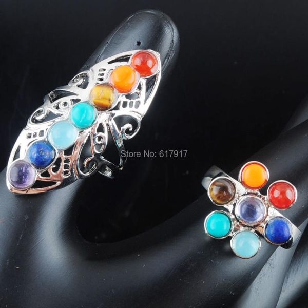 

cluster rings rongzuan 7 chakra reiki healing rainbow flower adjustable for women natural stone beads finger ring fashion jewelry tbx301, Golden;silver