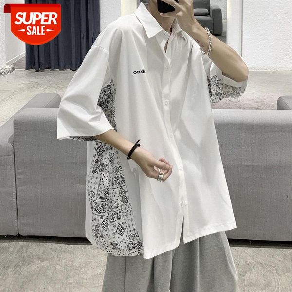 

ice silk shirt men's short-sleeved hong kong style cashew flower jacket trendy all-match handsome #mz42, White;black